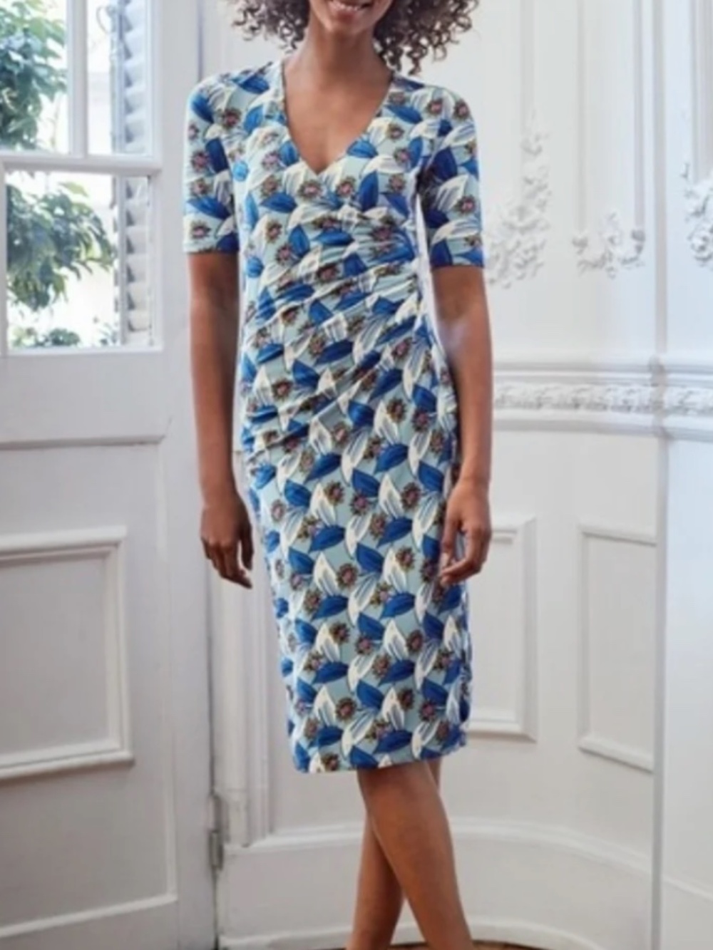 Boden Ruth Faux Wrap Midi Knit Blue Pink White Floral Knit Dress